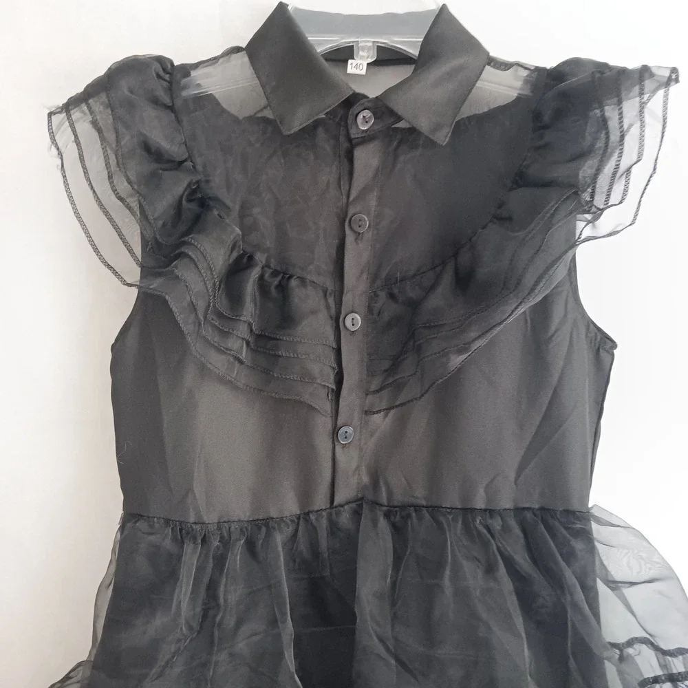 Wednesday Adams Ruffle Tiered Dress Girls Sz 10 (140) Black Organza Gothic Party